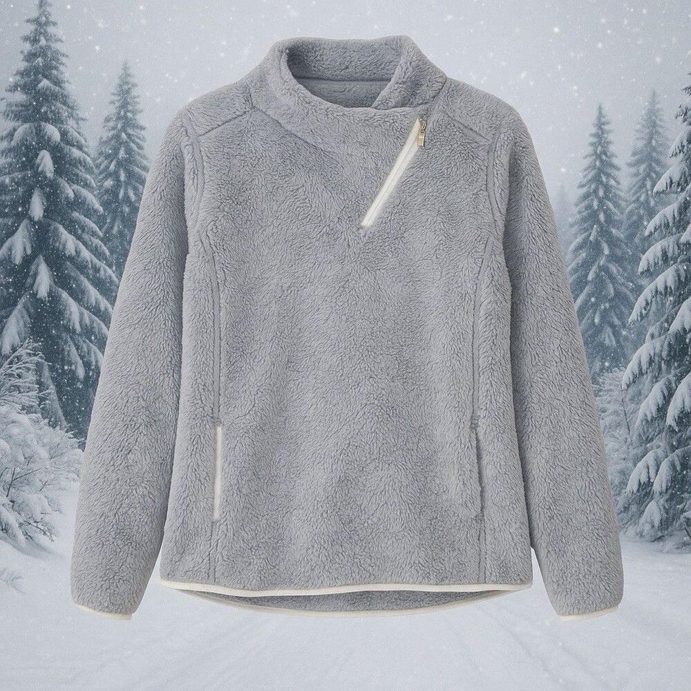 St. Johns Bay Fleece Pullover Quarter Zip Womens Sz M Faux Fur Gray Soft Cozy - Picture 4 of 13